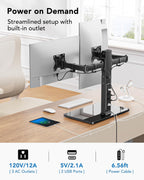 huanuo dual monitor mount with power outlet, computer, close-up detail