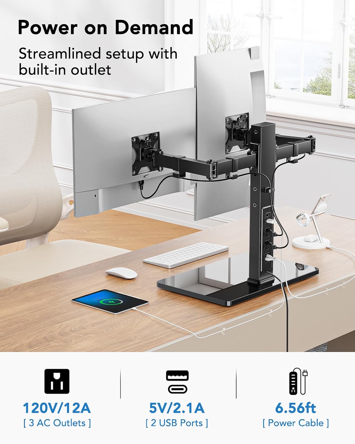 huanuo dual monitor mount with power outlet, computer, close-up detail