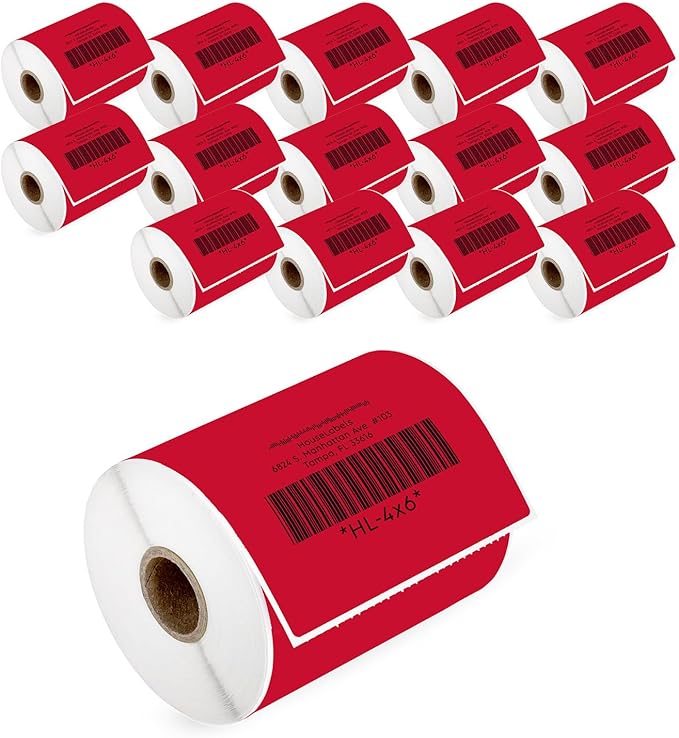 HOUSELABELS 4" x 6" Red Shipping Labels on 1" Core Compatible by HouseLabels