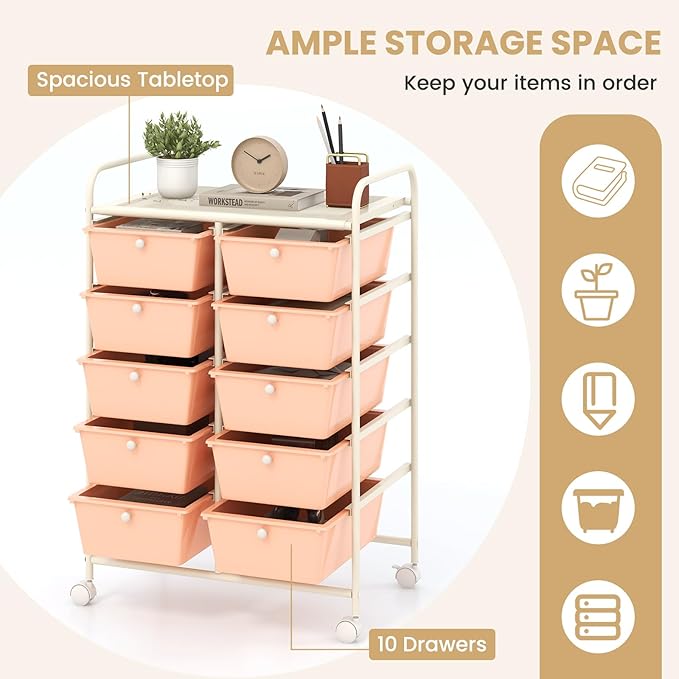 LDAILY 10 Drawer Rolling Cart, Storage Cart Organizer on Wheels, Drawer Cart - Image 4