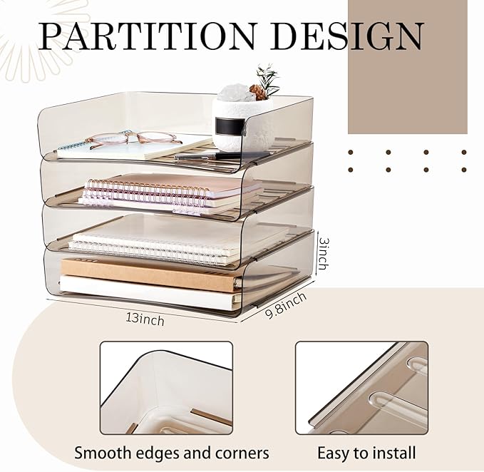 Harloon 4 Tier Acrylic Paper Tray 13 x 9.8 x 3 Inches Stackable Letter Clear - Image 2