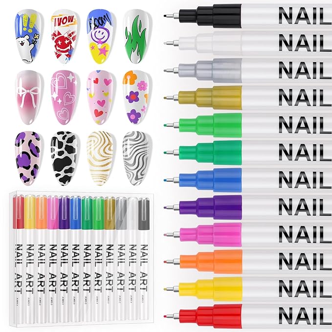 EBANKU 12 Color Nail Art Pens Set, 0.5 MM 3D Nail Polish Pens Acrylic Paint by EBANKU