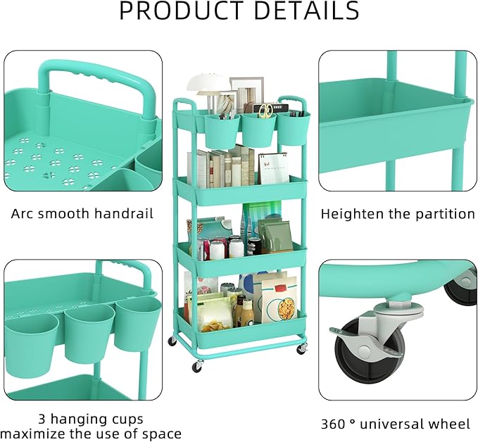 JIUYOTREE 4-Tier Plastic Rolling Storage Cart Utility Cart - Image 7