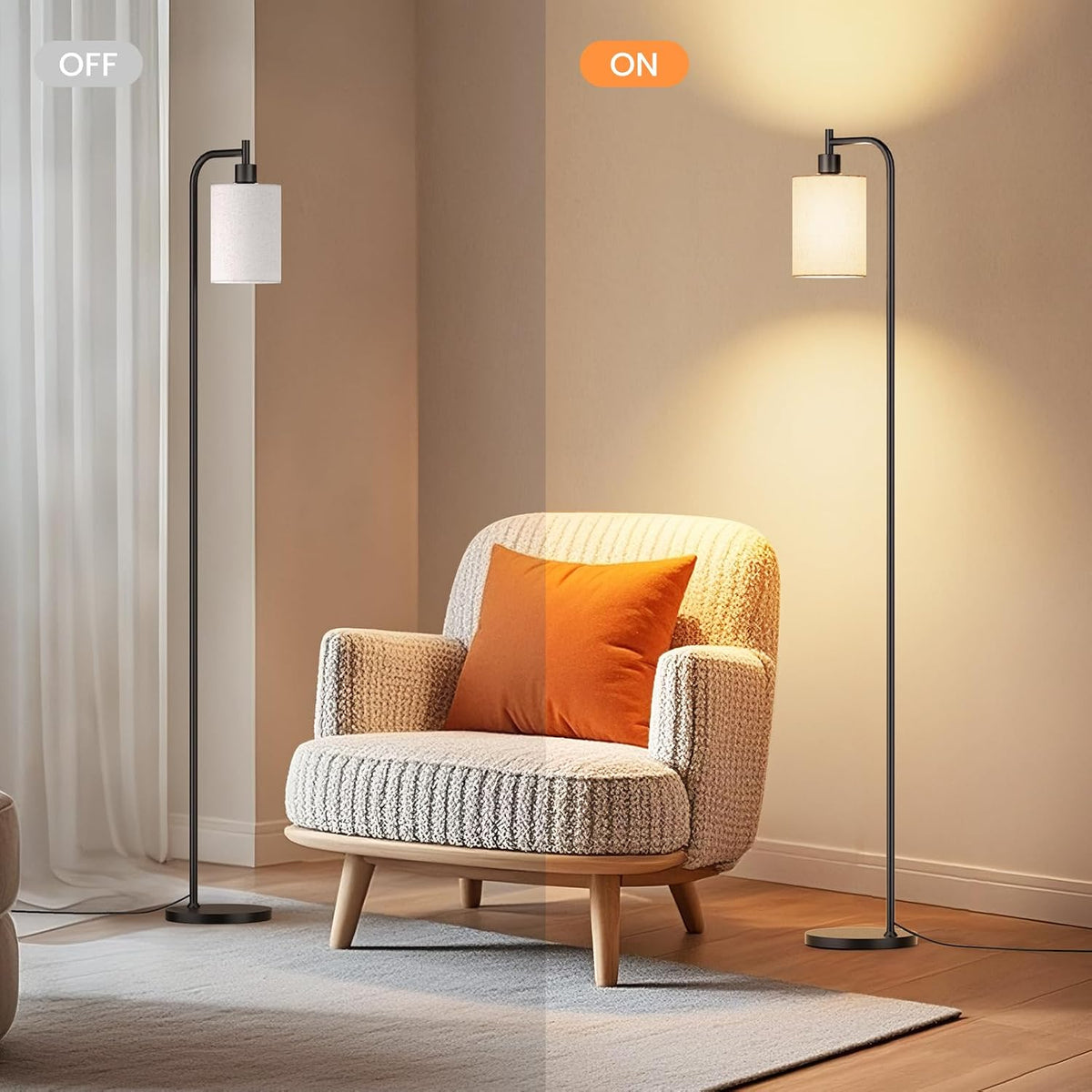 sibrille floor lamp with linen shade, dimmable tall on a desk or shelf