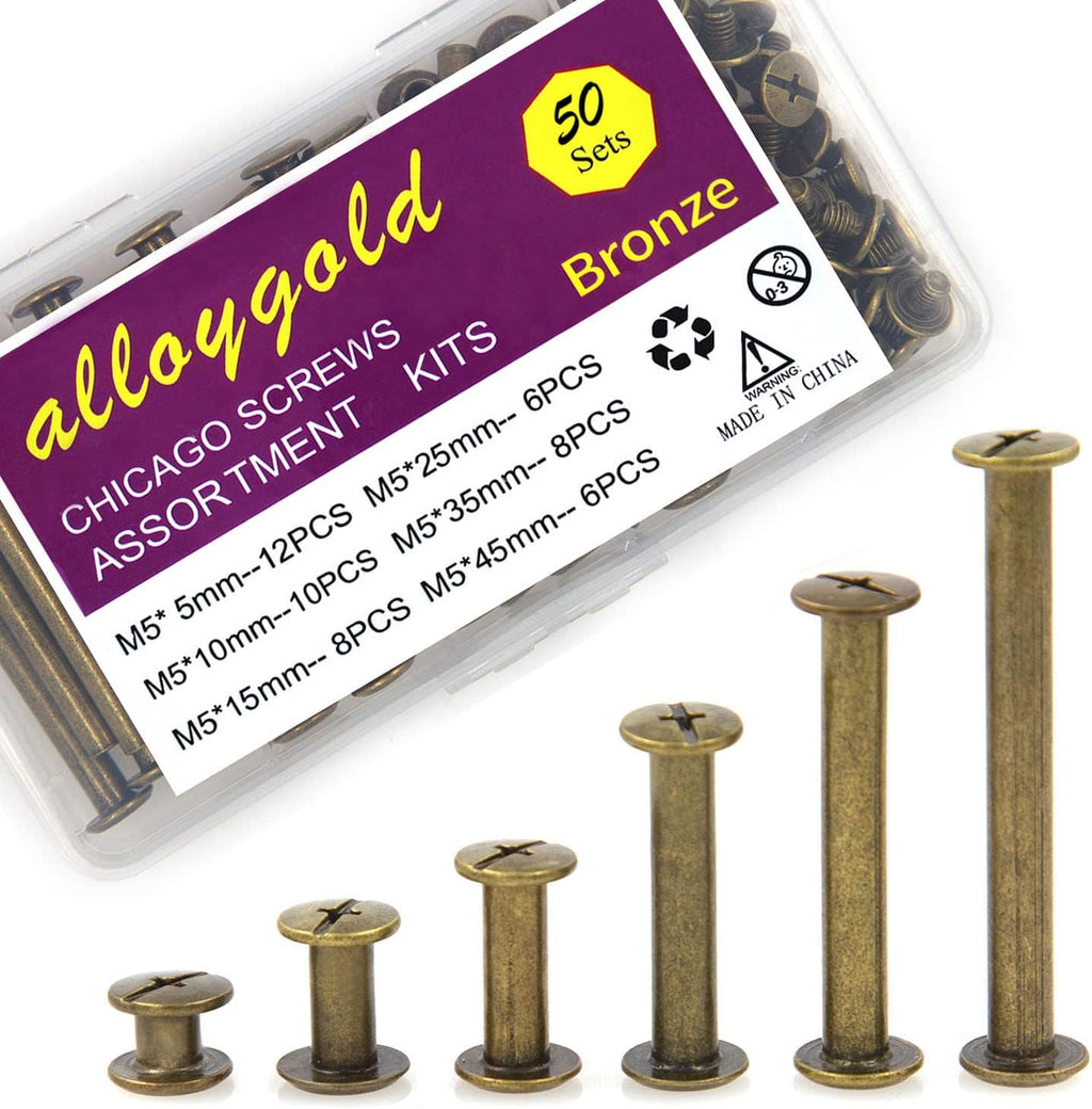 100 Pcs (50 Pair) Bronze Phillips Chicago Binding Screws Assorted Kits,6 Sizes of Flat Head Rivet Hollow Binding Screws Posts, for Leather Saddles Purses Belt Repair（M5 x 5/10/15/25/35/45）