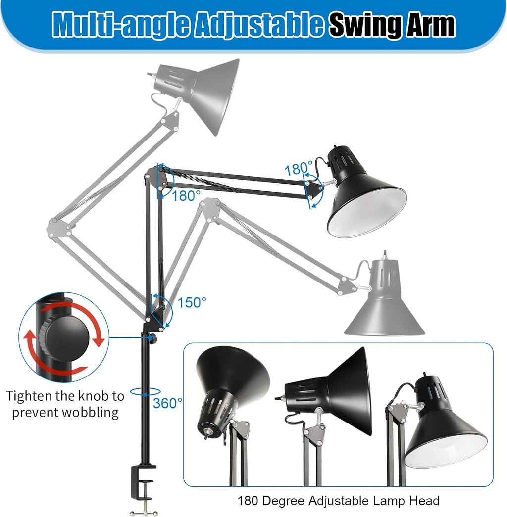 led clamp on desk lamp, 360°adjustable swing arm shown in use
