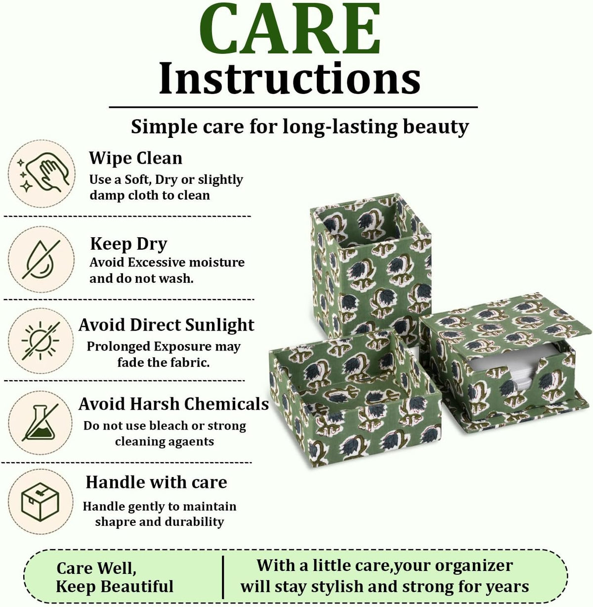 Ridhi Basil Green Block Print Desk Organizer Pen & Notepad Holder Set-3