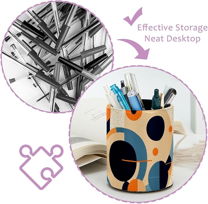 Leather Pen Holder for Desk Geometric Cube Pattern Pencil Cup Desktop Organizer - Image 4
