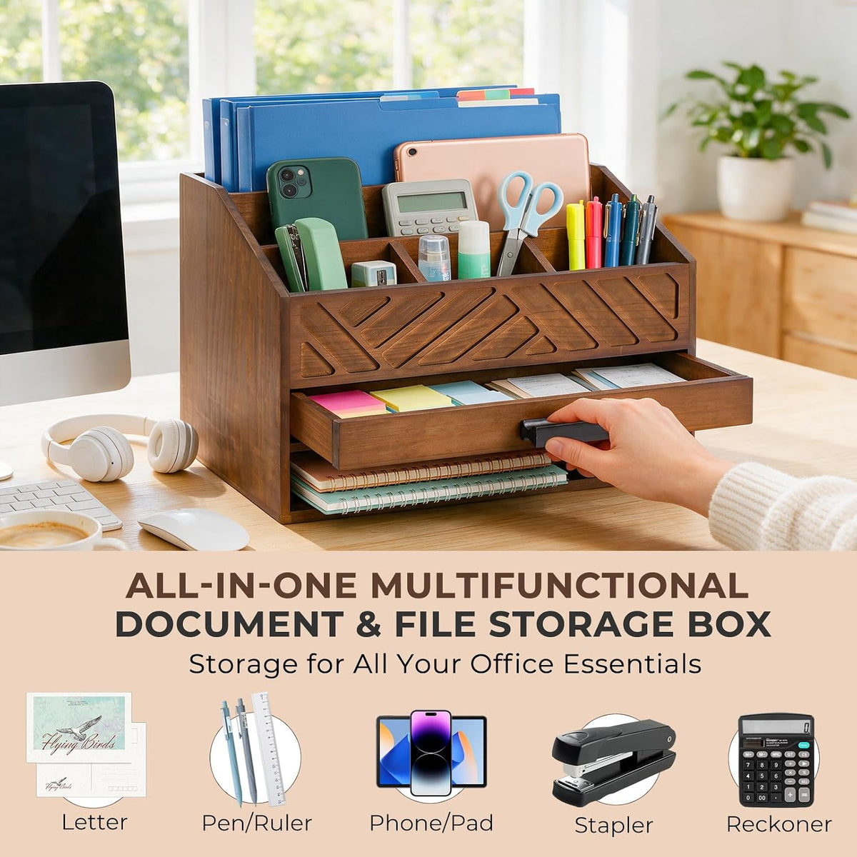 wooden desk organizer with 7 compartments and drawer, package contents