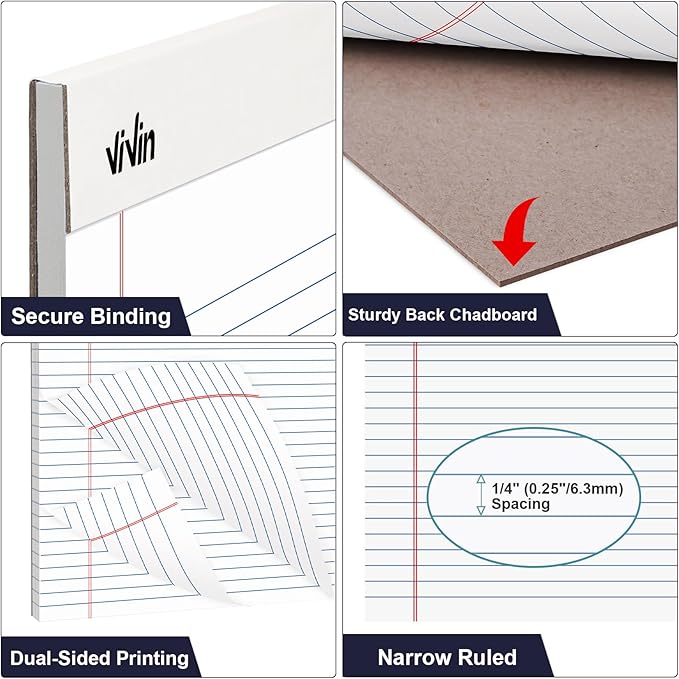 ViVin 5 x 8 Inch Legal Pads, 12 Pack, Narrow Ruled, 50 Sheets Per Writing Pad - Image 3