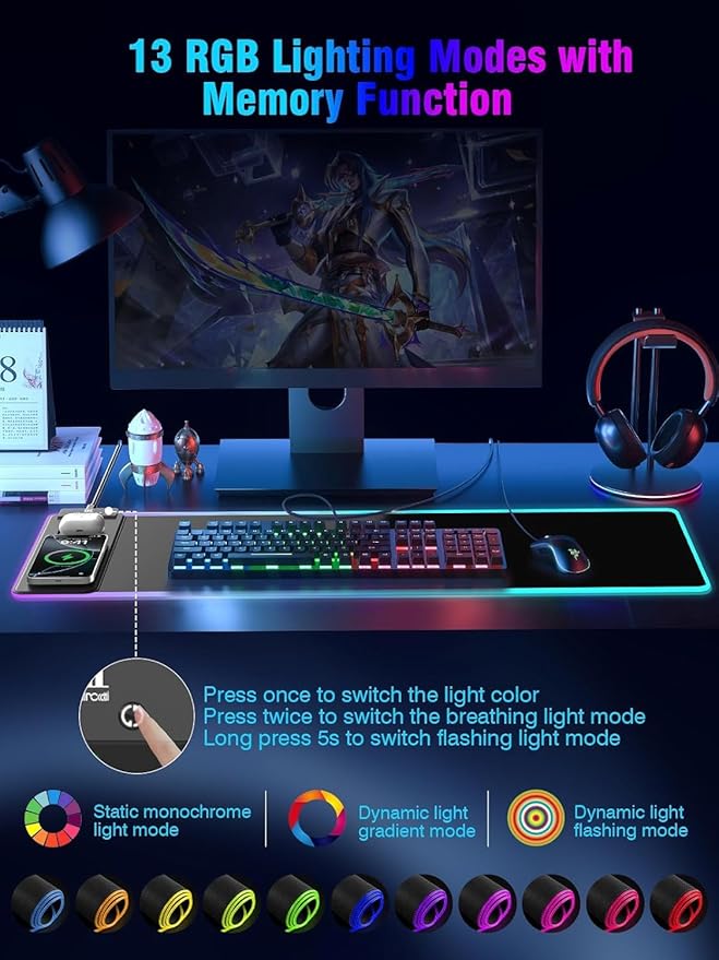 Mouse Pad with Magnetic Wireless Charging, Large Desk Pad Protector, RGB Black - Image 4