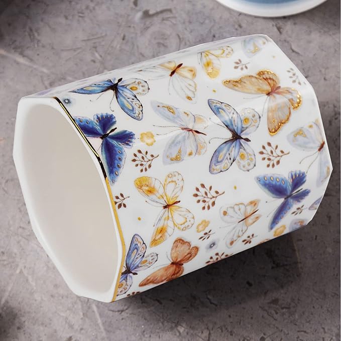 Jwest Pen Holder, Ceramic Shiny Gold Graphic Butterfly Pattern Pencil Cup - Image 7