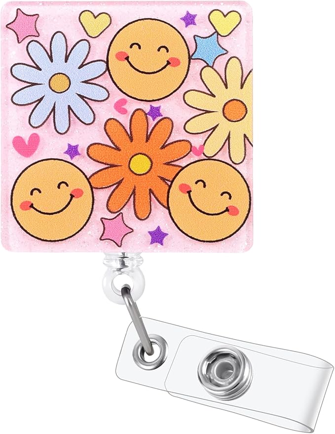 Pink Smiley Face Flower Funny Nurse Badge Reel, Cute Retractable ID Card by LINAYOHA
