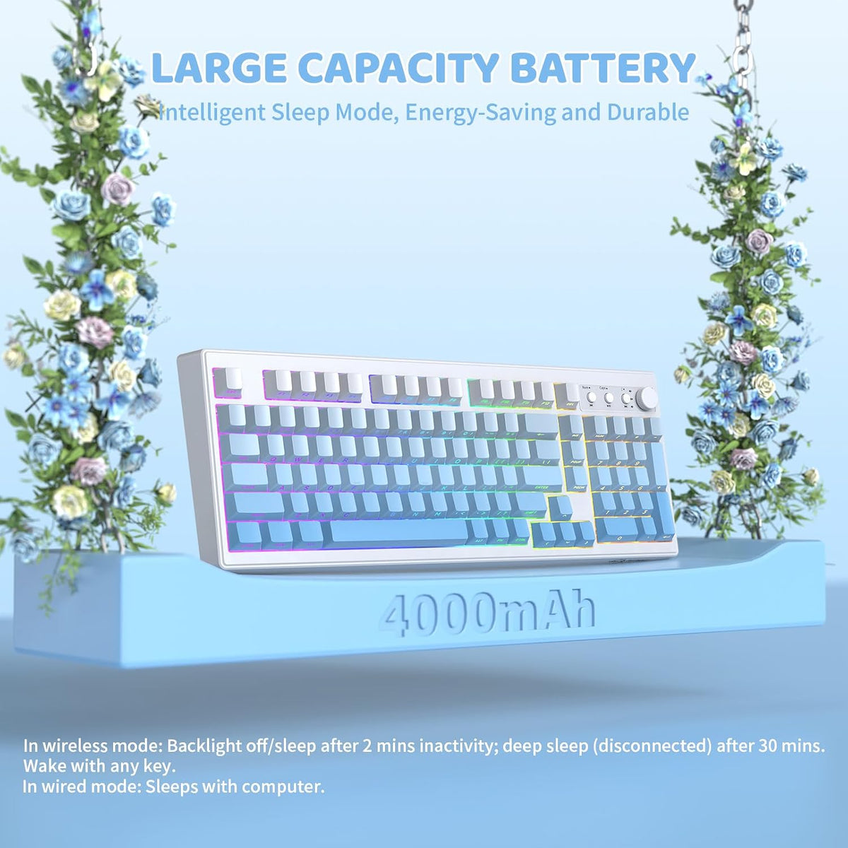 FREEWOLF K100 99 Keys Gaming Membrane Wireless Keyboard with Media Knob,Tri-M...