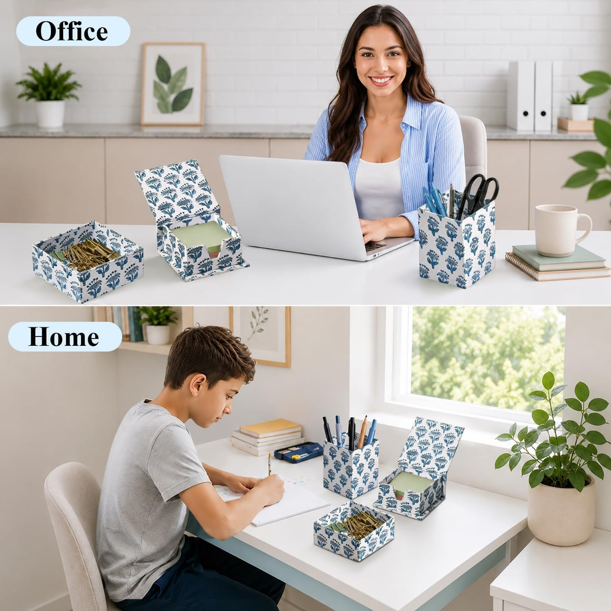 CPC Apatite Blue Block Print Set of 3 Desk Organizer