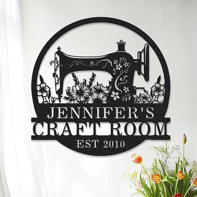 Custom Name Sewing Room Sign, Personalized Flowers Sewing Machine Metal Wall by Unknown