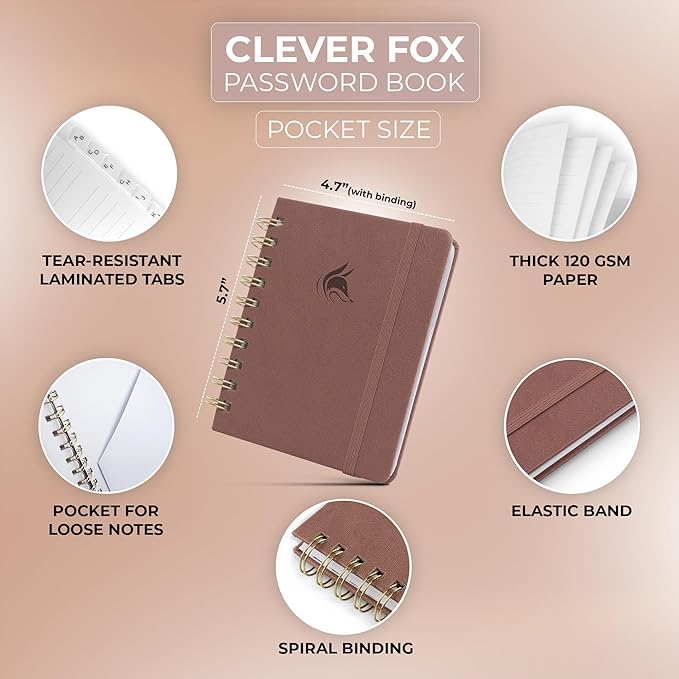 Clever Fox Password Book Spiral – Mini Internet Address & Password Organizer - Image 2