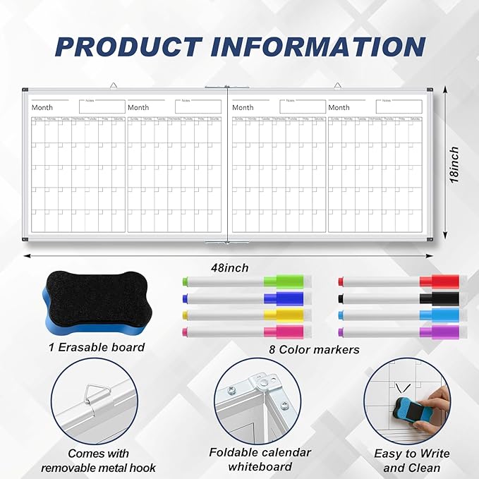 Lincia 48" x 18" Magnetic Horizontal 4 Month Dry Erase Calendar - Image 2