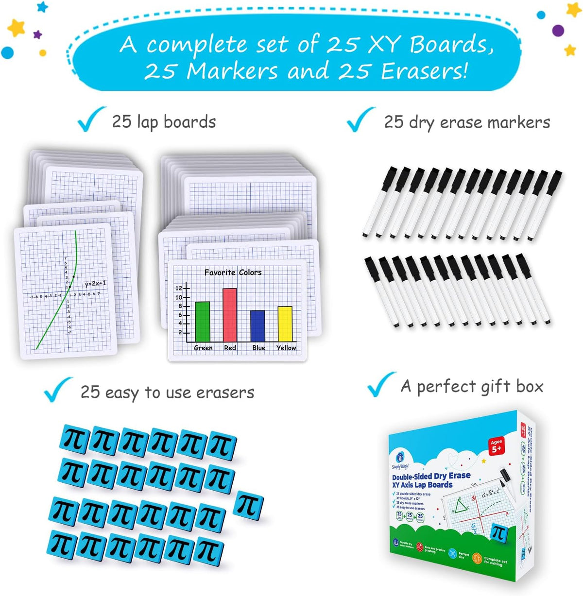 Simply Magic 25 Pack Double-Sided Dry Erase Graph Lap Boards - 12''x9...