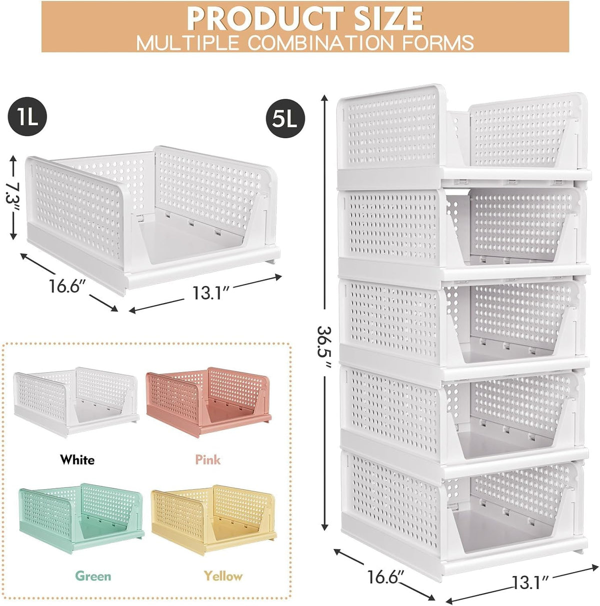 caktraie 5 pack stackable closet storage basket, side view