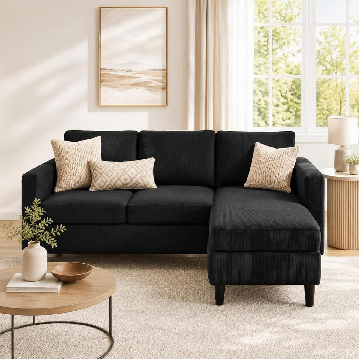 Nuturelly 73.6" L-Shaped Small Sectional Couch with Ottoman, Black