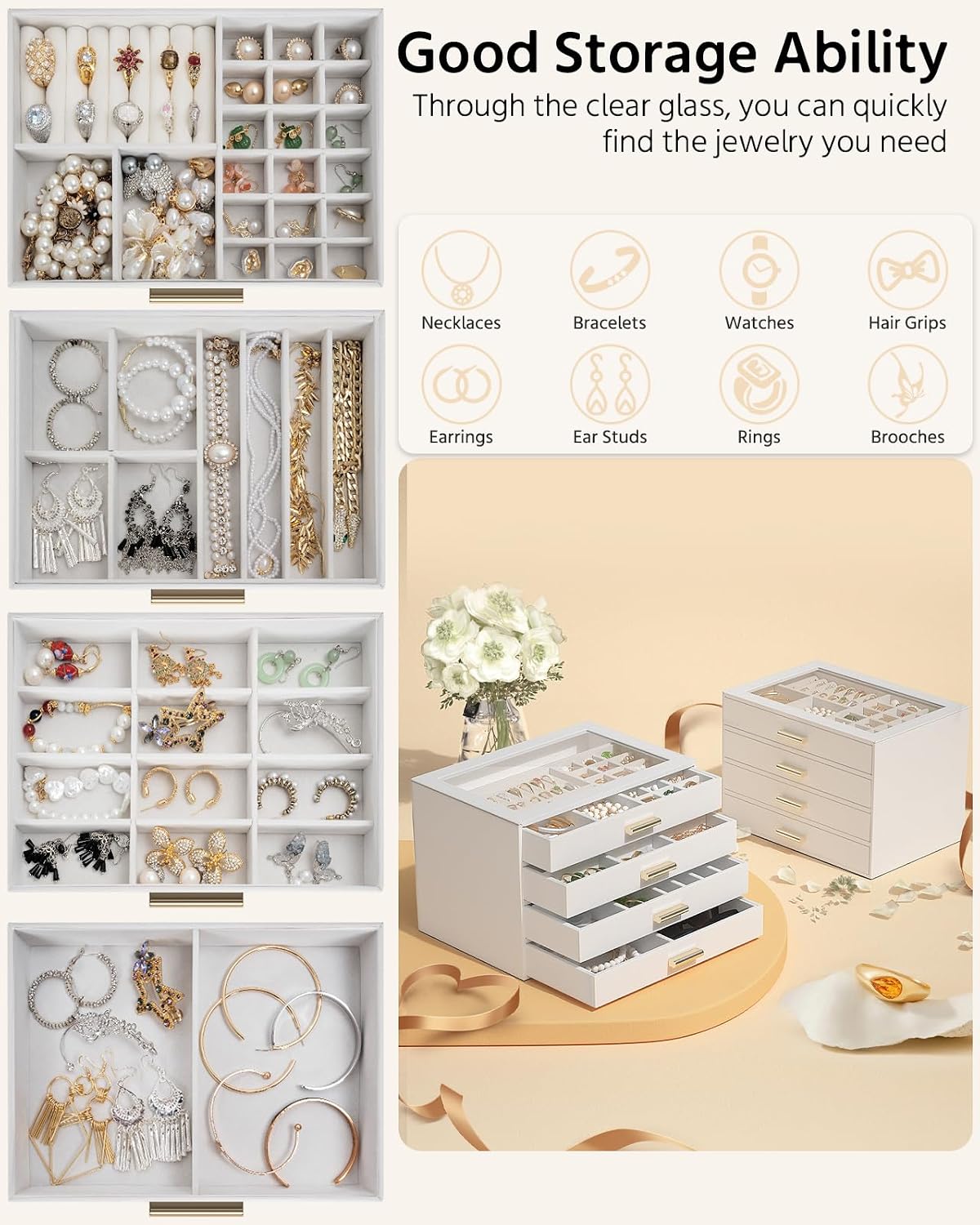 AKOZLIN Jewelry Box Organizer with Clear Lid 4 Drawers White