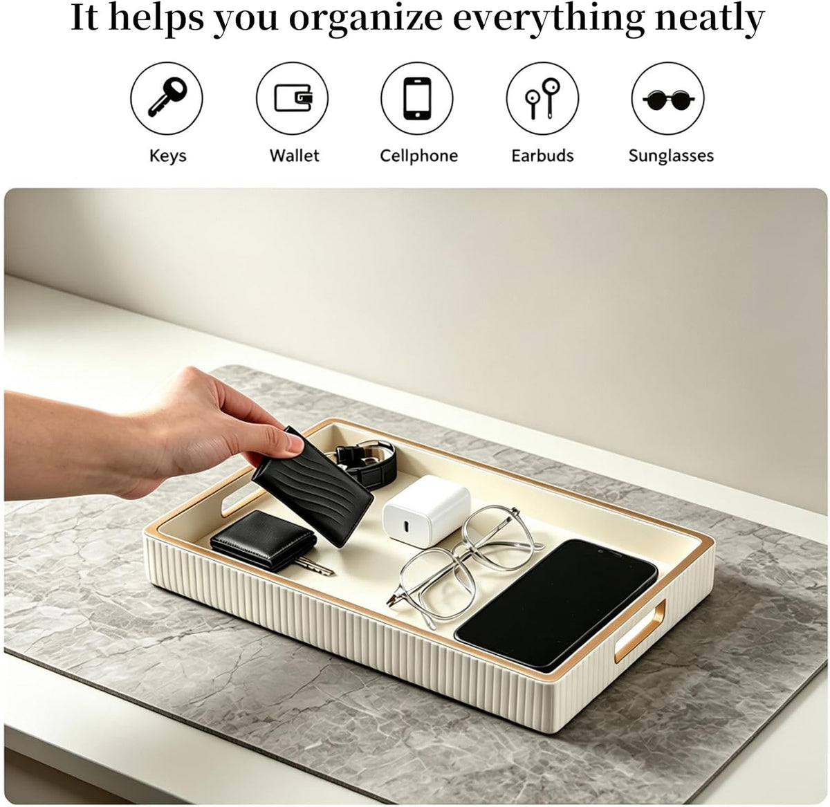 SANZIE Leather Tray Desktop Storage Organizer, Rectangle Valet Tray, White