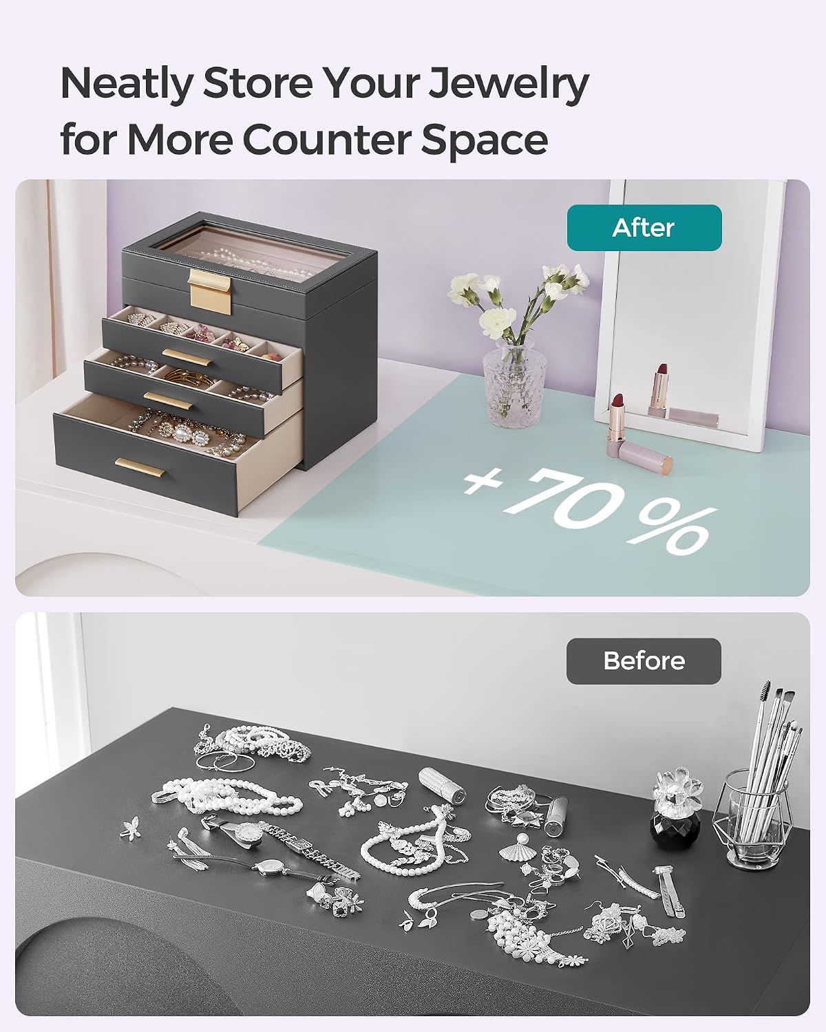SONGMICS Jewelry Box Organizer, 4-Layer Storage with 3 Drawers, Glass Lid