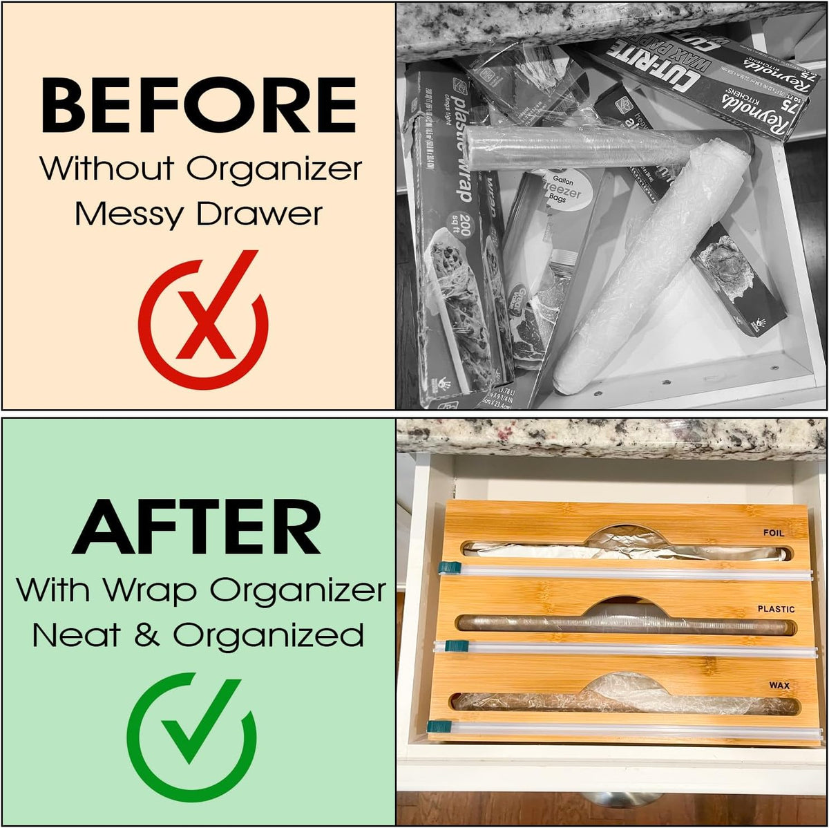 3-in-1 Bamboo Wrap Organizer with Cutters, Labels, Interior Holders, Anti-Sli...