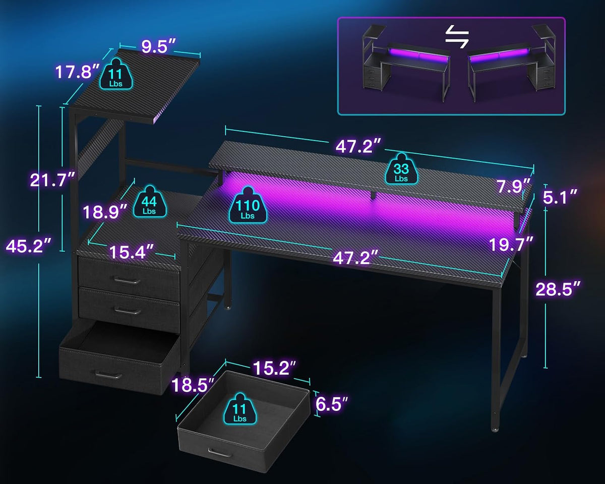 Gaming Desk with PC Display Stand, Reversible for Gaming Setup, 63 inch