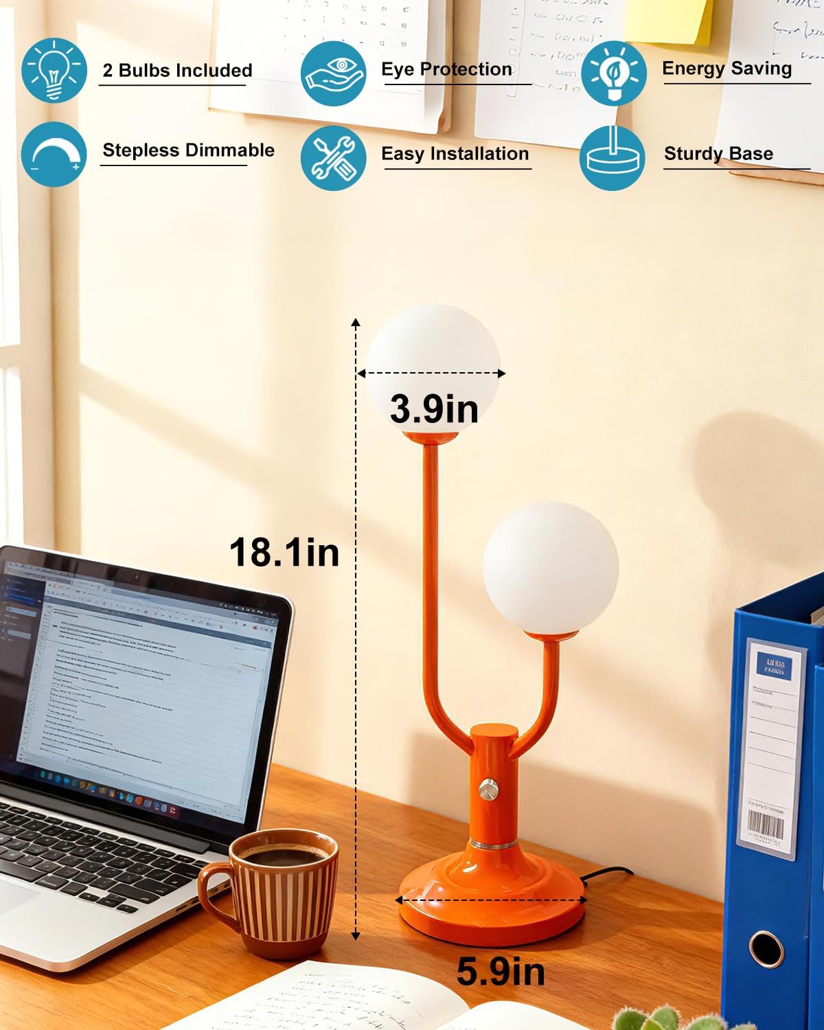 Lightdot Orange Table Lamp Dimmable Vintage Globe Lamp G9 2 Bulbs Included