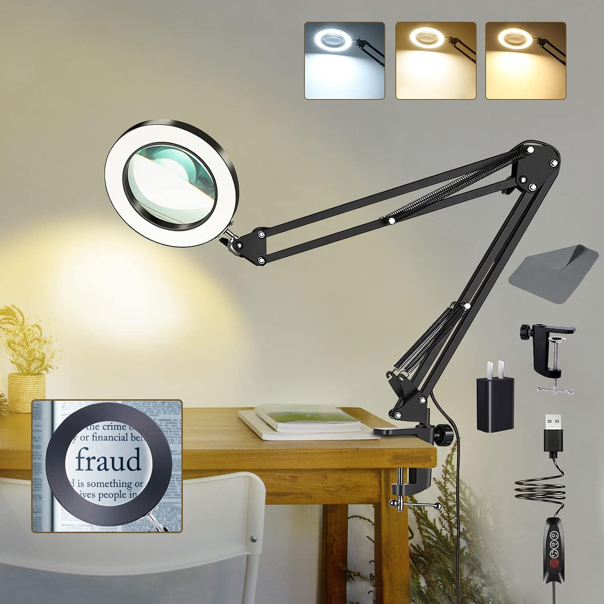 10X Magnifying Glass with Light and Clamp, Magnifier with Light Hands Free3 C...