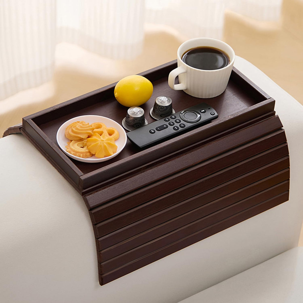 Bamboo Couch Arm Tray Table，Foldable Sofa Armrest Tray Table for Couch，Flexib...