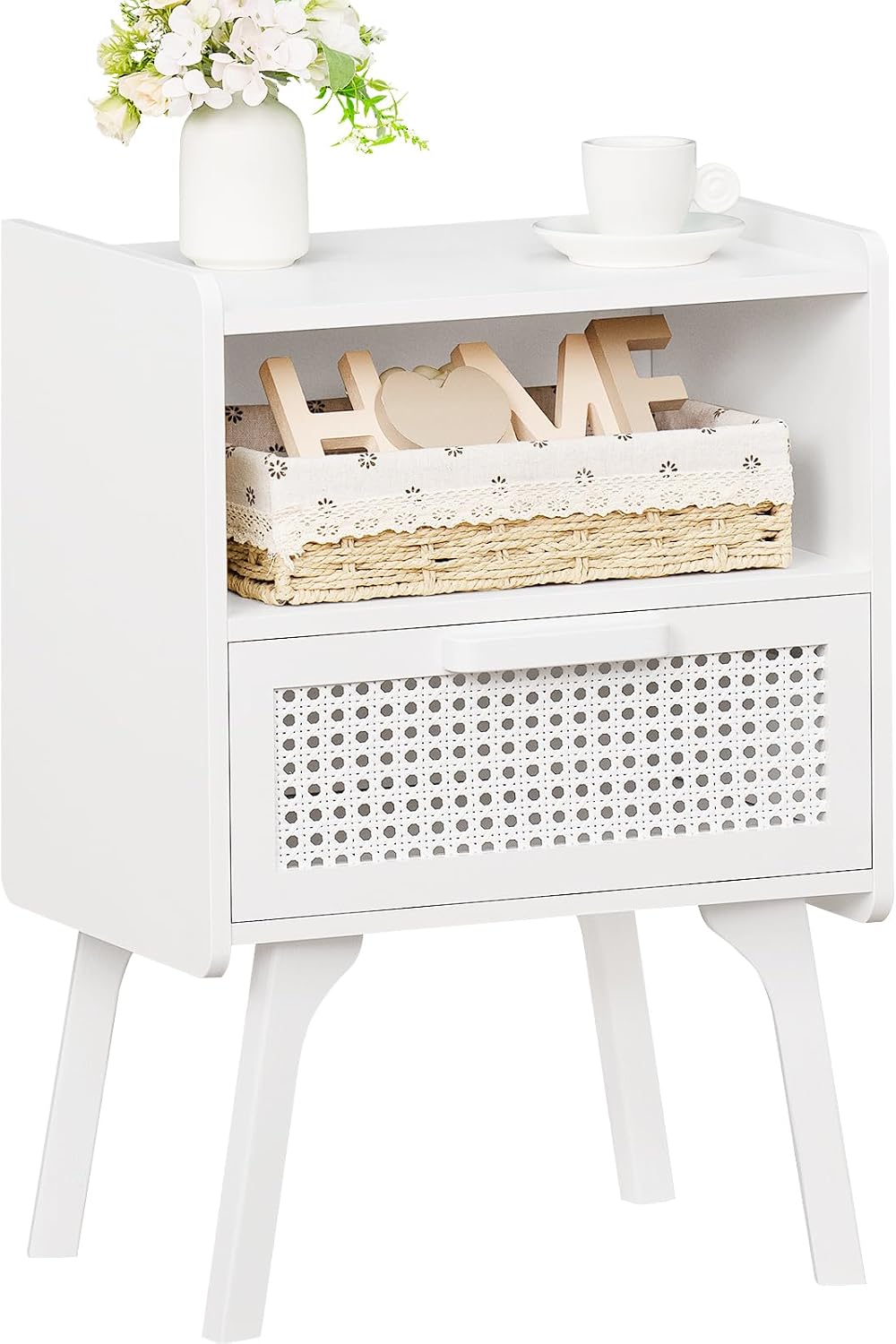Lerliuo Rattan Nightstand, Side Table with Drawer Open Shelf