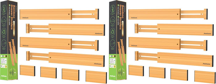ANTOWIN Bamboo Drawer Dividers Organizers, Drawer Separators Splitter,13-17 inches Long Adjustable Spring-loaded Organizer for Large Utensil, Clothes, Tools Drawers (4+3) (Pack of 2)