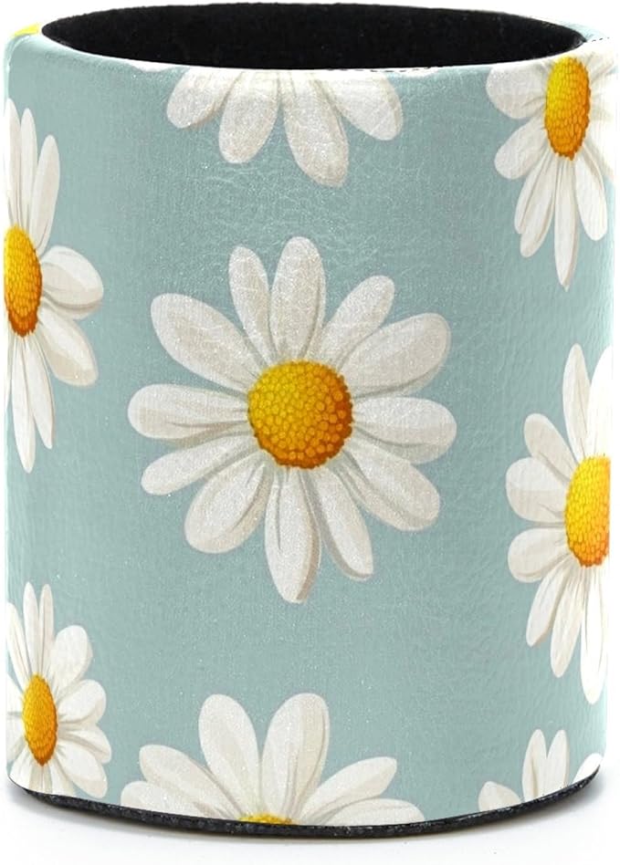 Leather Pen Holder for Desk, Daisy Pencil Cup Desktop Organizer Makeup Brush by Unknown