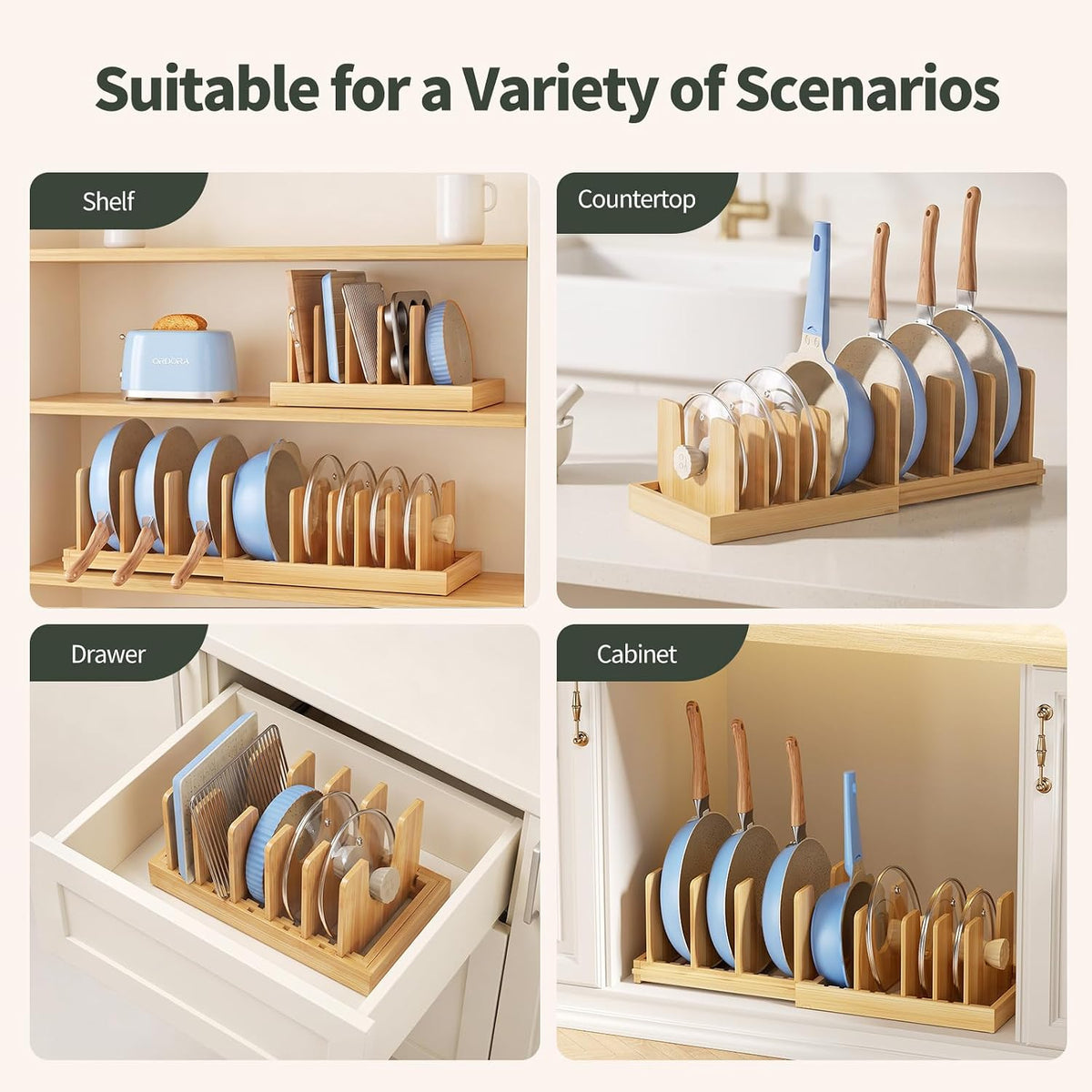 ORDORA Pots and Pans Organizer, Expandable Pot Lid Organizer under Cabinet