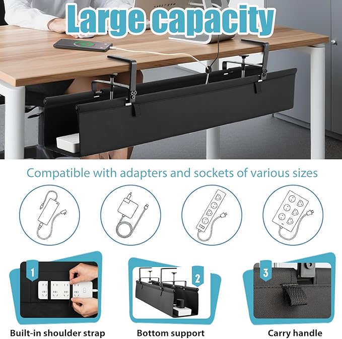 Oxford Cloth Under Desk Cable Management Tray, No-Drill 48" Desk Cable - Image 2