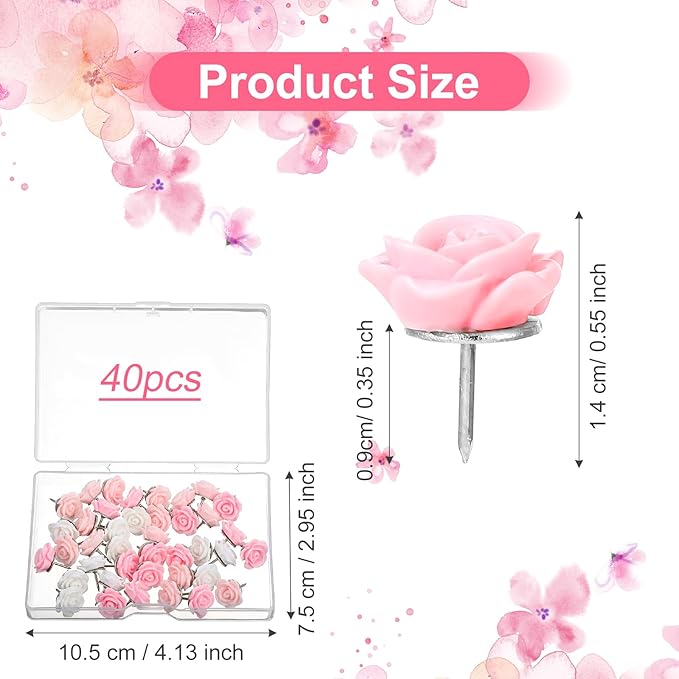 XLIUAX 40Pcs Flower Push Pins, Rose Thumb Tacks Cute Pink Thumbtacks - Image 4