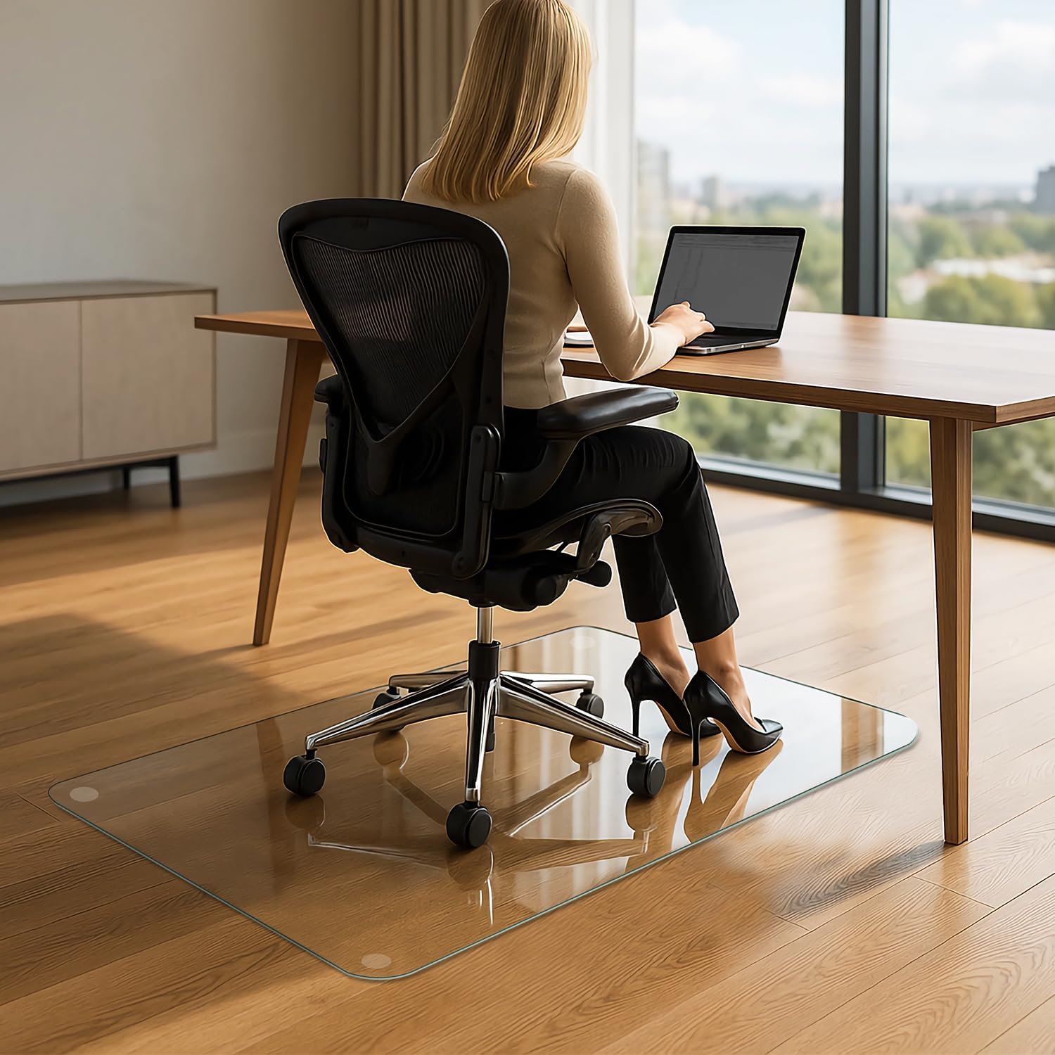 VASUHOME Heavy-Duty Tempered Glass Chair Mat, 31 x 48 Inch Large Office Floor Mat for Carpet or Hardwood Floors, 1/5" Thick with 12 Anti-Slip Pads