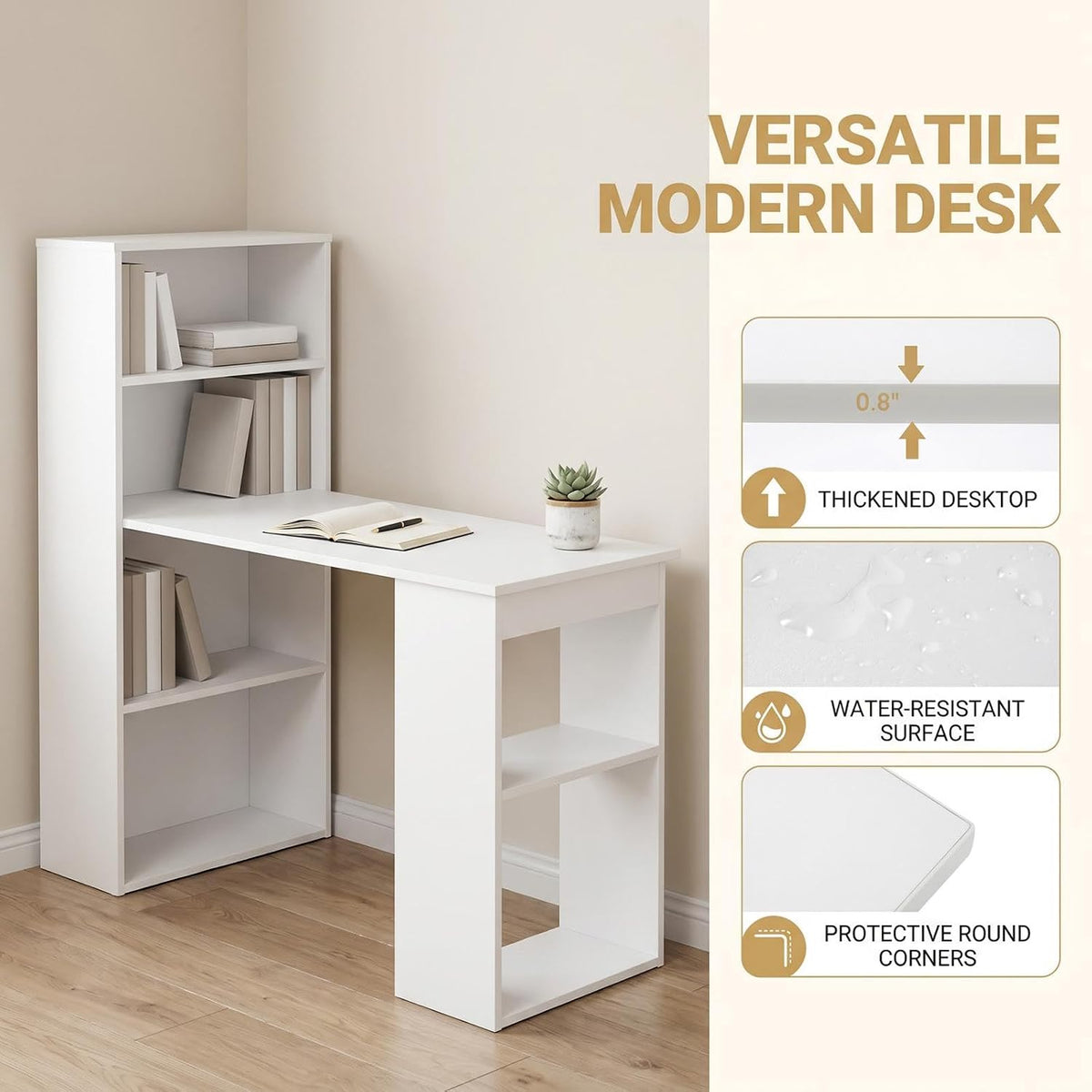 Tangkula White Computer Desk with Bookshelf, Writing Study Desk with Storage ...