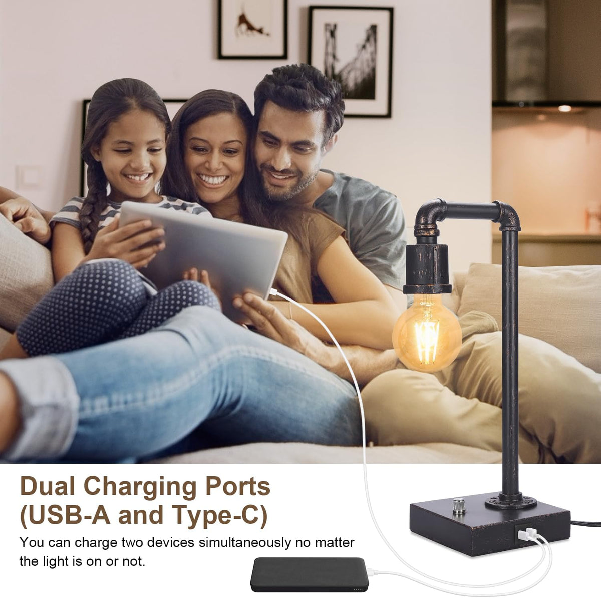 Industrial Table Lamp, Vintage Bedside Lamp with USB C and USB A Charging Por...