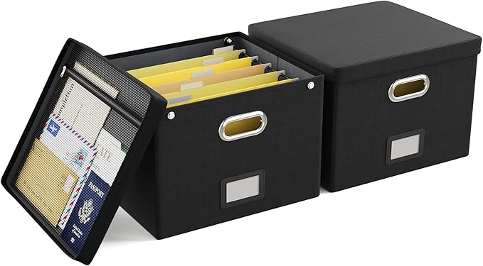 2 Pack File Organizer Box with Lid, Large Hanging Filing Box with Mesh Pocket by Oterri