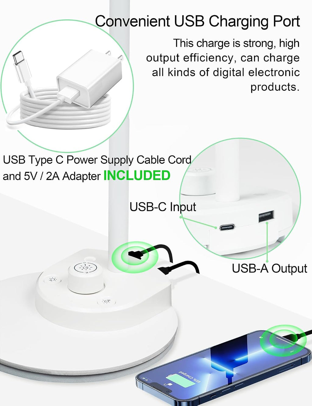 bohon led desk lamp with usb charging port, side view