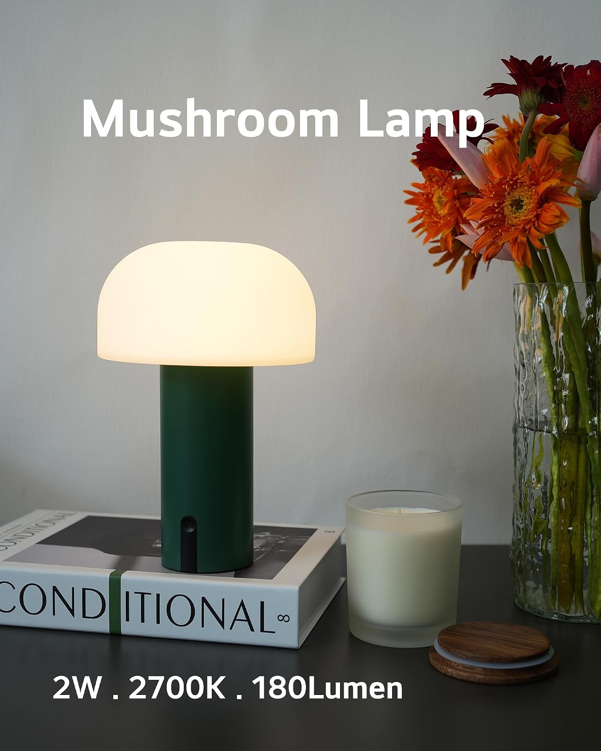 Small Cordless Mushroom Table Lamp, Waterproof Shower Lamp Green