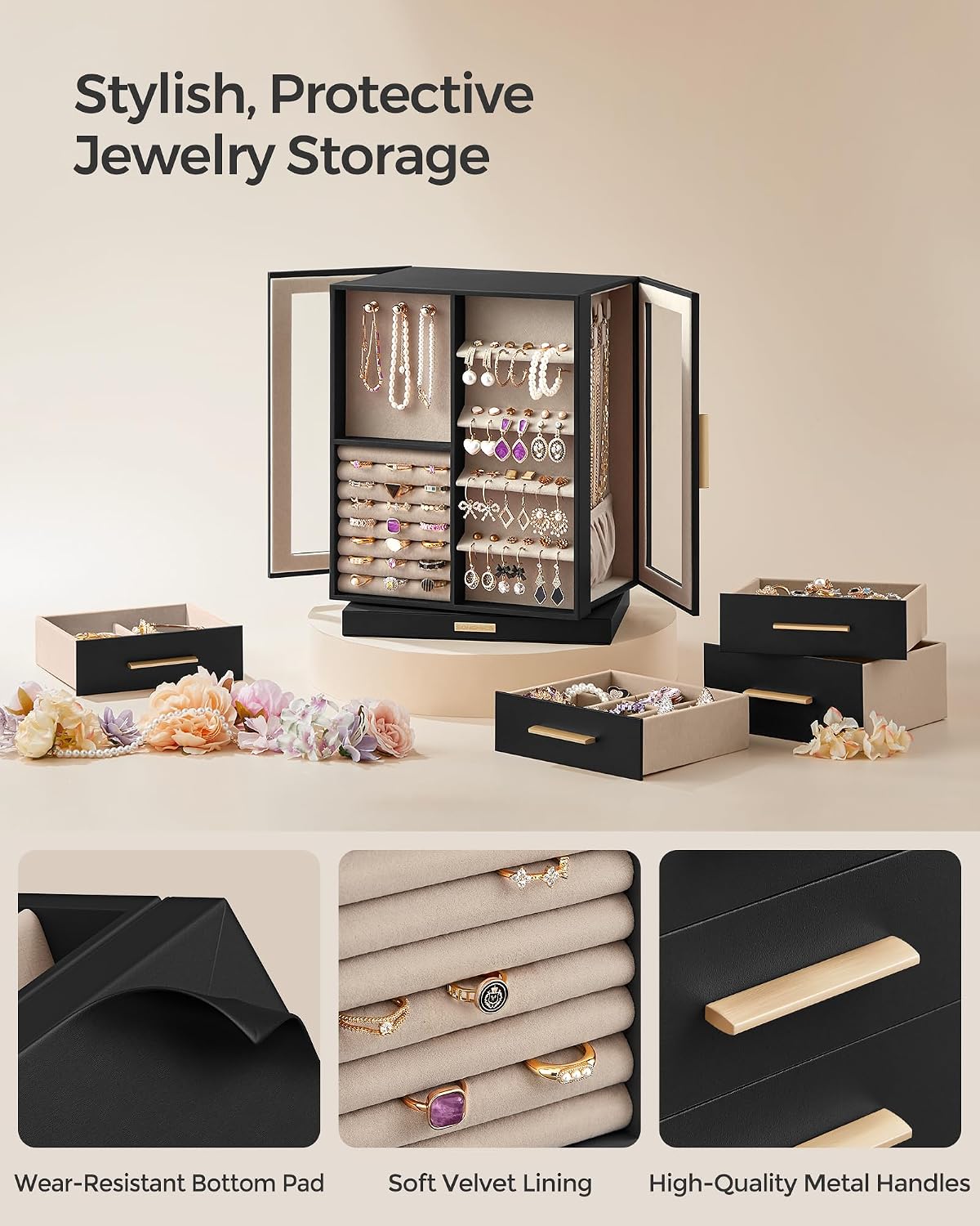 SONGMICS Jewelry Box Organizer, 360° Rotating, 5 Drawers, Ink Black