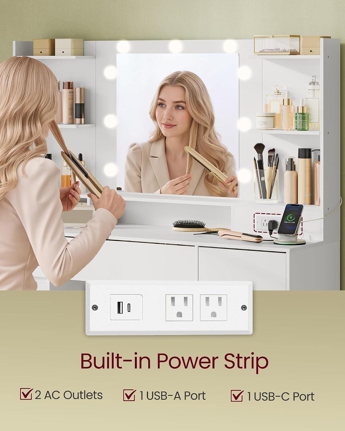 VASAGLE 43.3-Inch Vanity Desk with Mirror and Lights, 9 Drawers