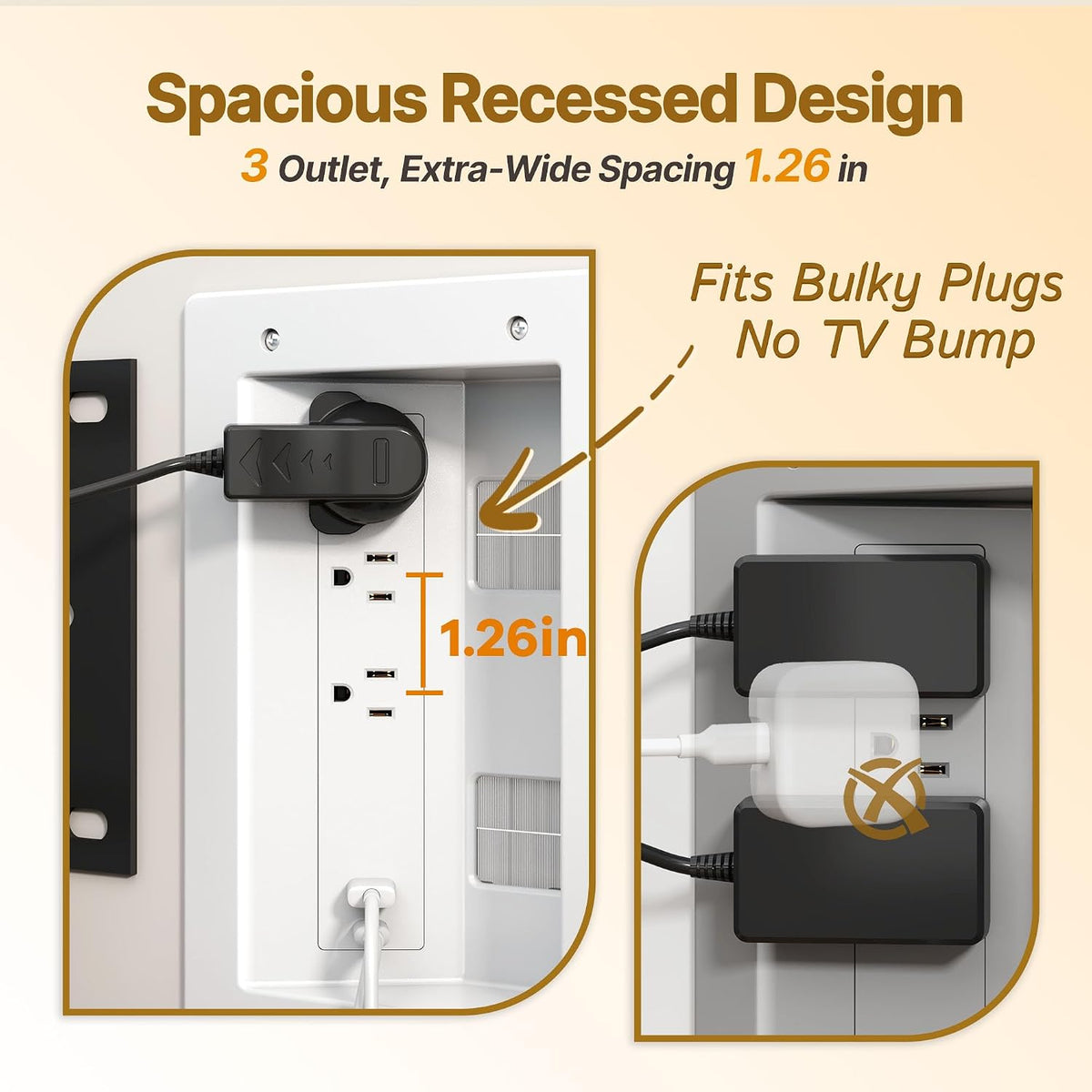 Plug'n in Wall Cable Management Kit,Recessed TV Wall Box with 3 AC Outlet...