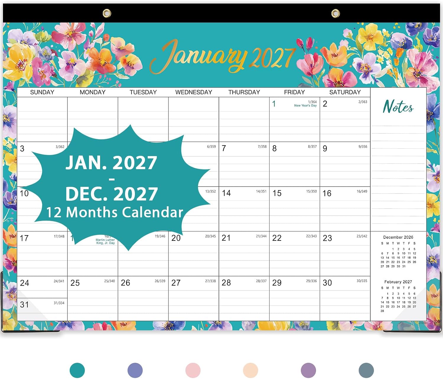 2027 Desk Calendar - January 2027 - December 2027, 17" x 12" | Large Desk Calendar, 12-Month Desktop/Wall Monthly Calendar for Home School, or Office - 12 Floral Patterns