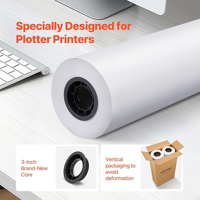 VEVOR Wide Format Paper, 24 in x 500 ft Plotter Paper, 2 Rolls CAD Bond Rolls - Image 2